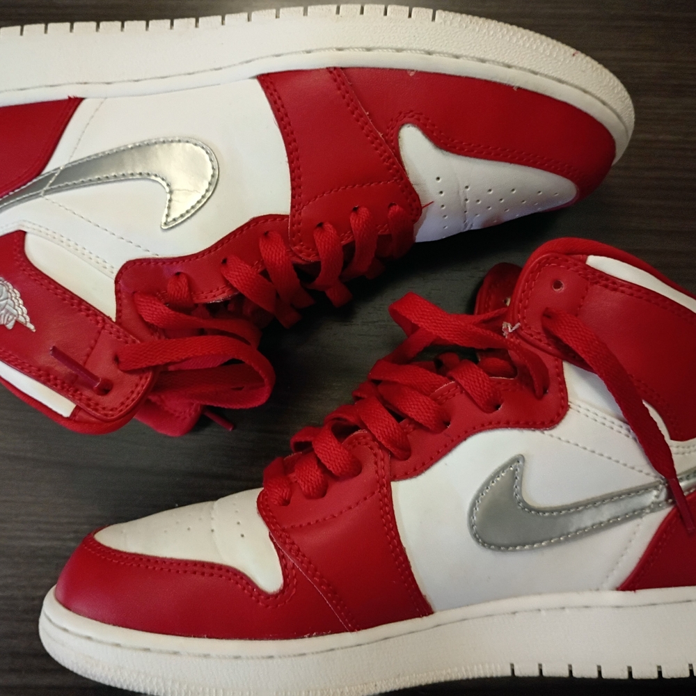 Jordan Red, White, and Silver Sneakers